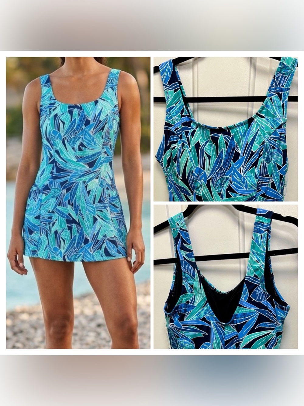 Beach Belle Swimdress- Swimsuits for All - Blue Tropical Print Swim Dress
